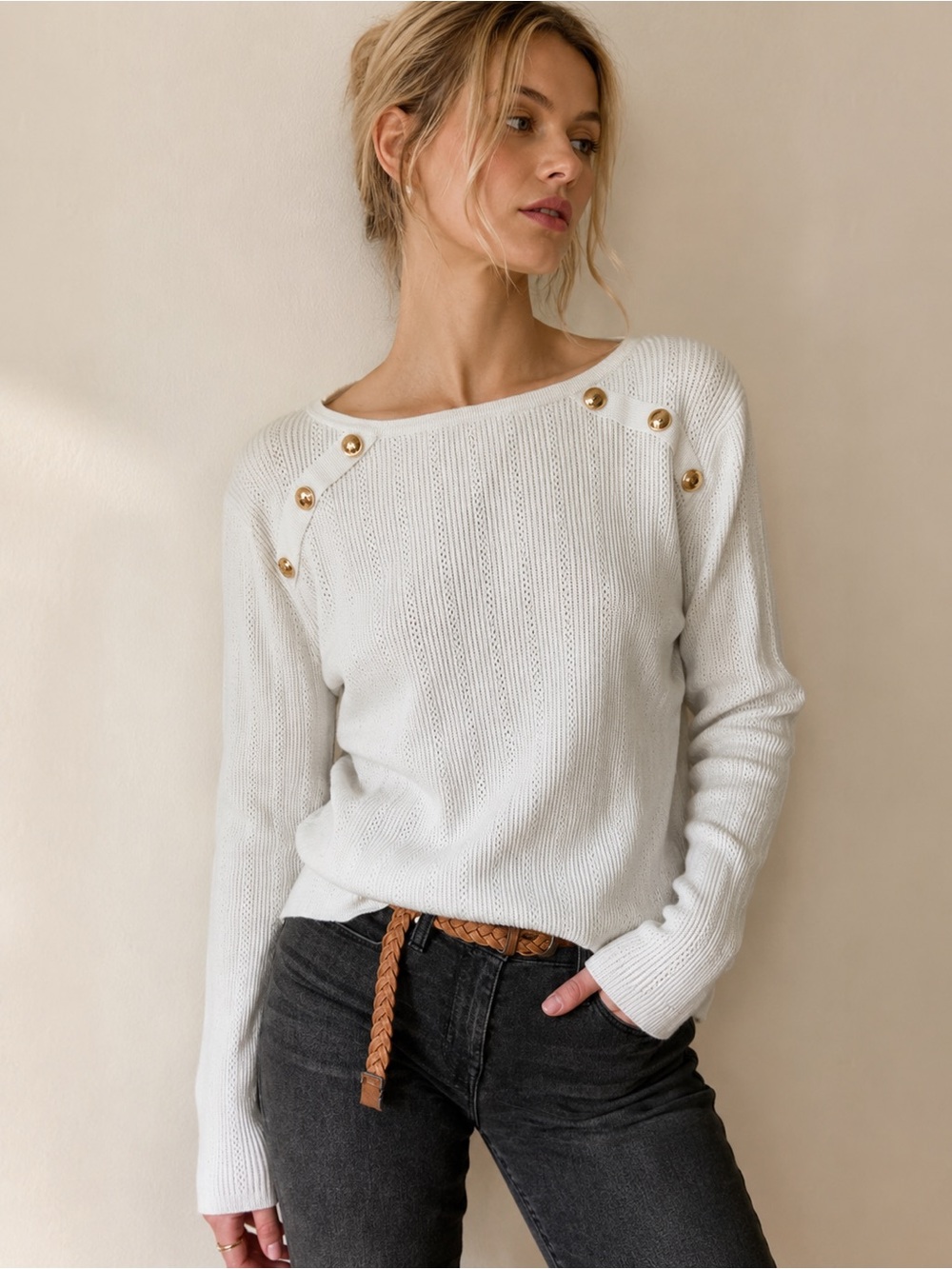 Vila Milano Off White Nautical Gold Button Long Sleeve Boat Neck Ribbed Top Med